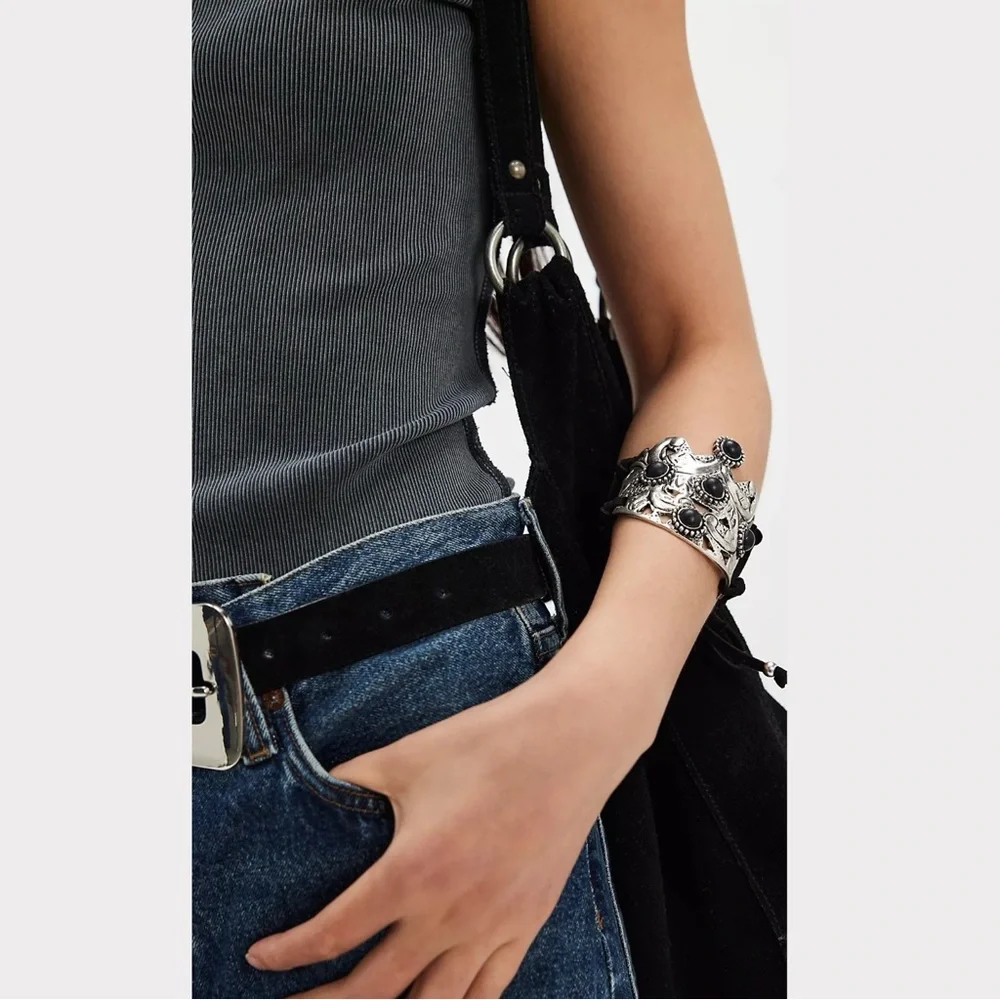 Free People Bohemian Witchy Ornate Coronation Cuff Bracelet Black Silver NWT
